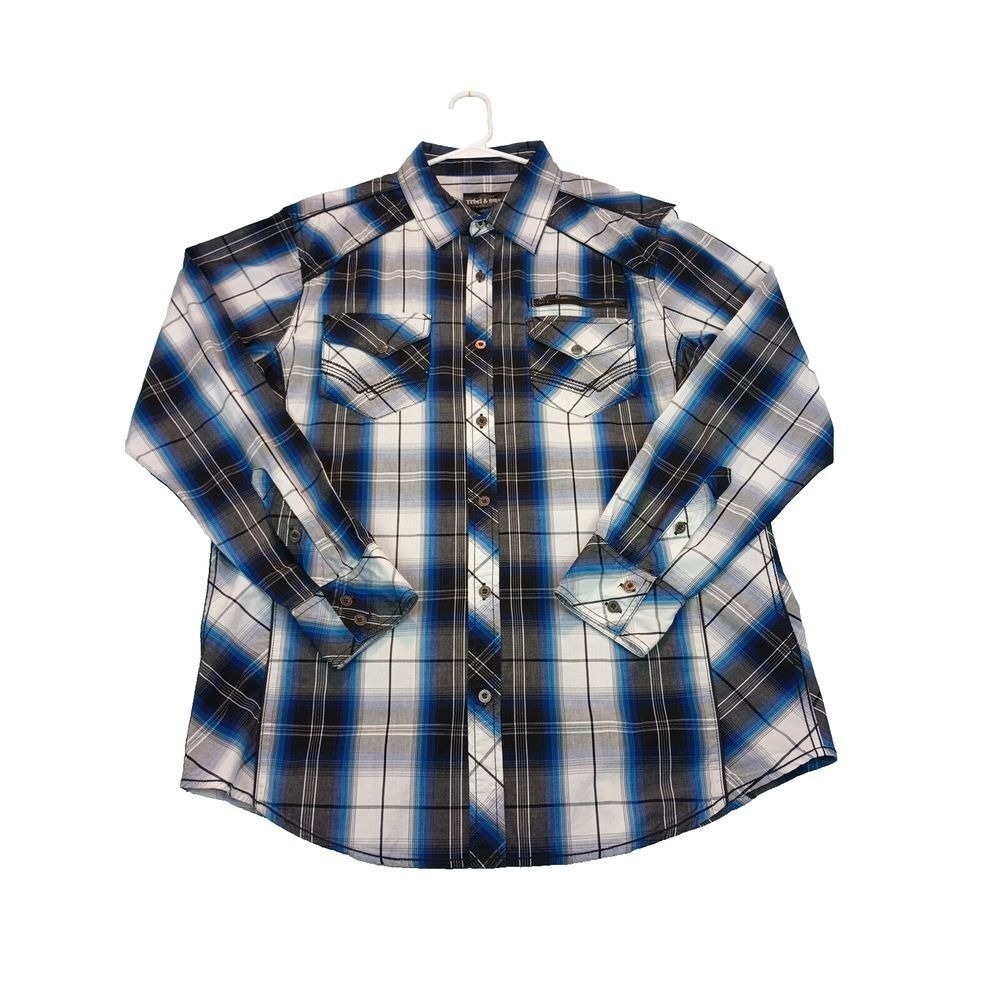 Rebel And Soul Shirt Men's XL Tartan‎ Plaid Long Sleeve Button Up Y2K skulls